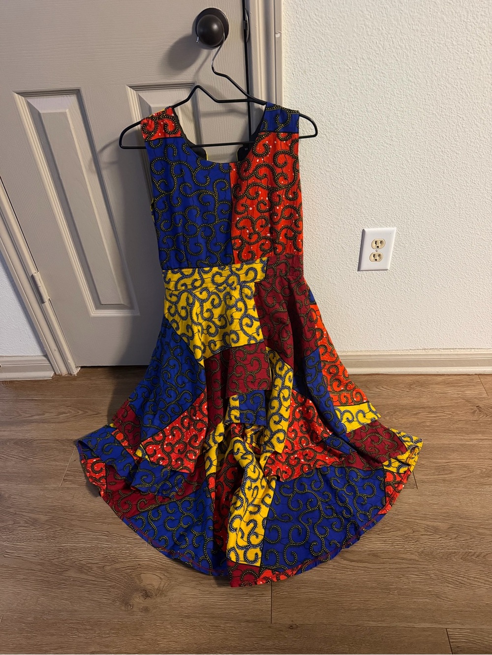 Vibrant Patchwork Fit & Flare Dress in Blue, Red & Yellow